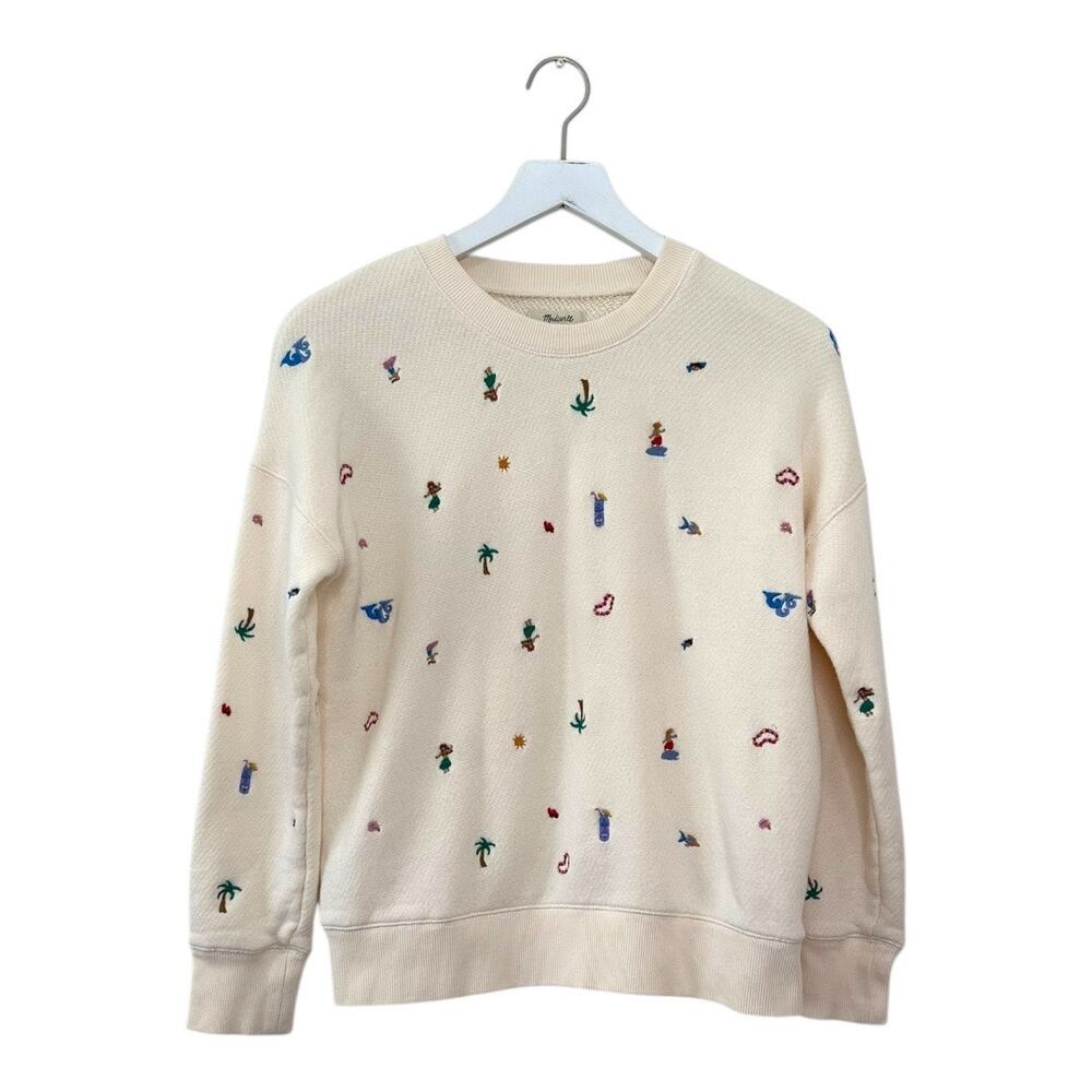 Madewell Embroidered Beach Scene Cream Cotton Sweater Size Small - Picture 6 of 7